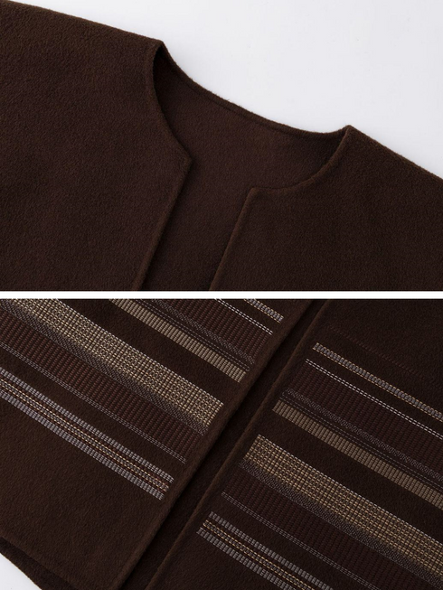 Women's Chestnut Brown Embroidered Minimalist Wool Double-Faced Cashmere Cape Coat – One-Piece Design