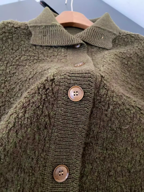 100% Wool Bouclé Knit Stand Collar Sweater Jacket for Women | Heavyweight Thick Textured Wool Cardigan