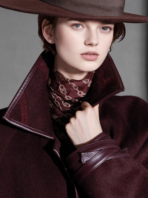 Chain Pattern Wool Coat for Women – Double-Faced Alpaca Wool Overcoat with Leather Trim, Chic Oversized Silhouette Winter Outerwear