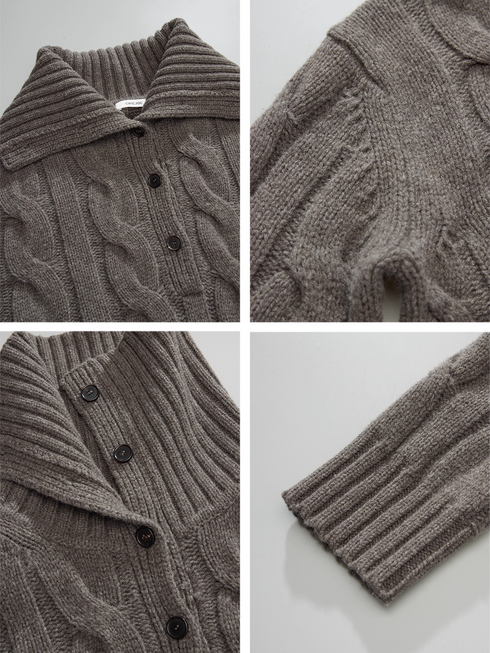 Women’s Vintage "Old-Money" Chunky Cable-Knit Wool Sweater | English-Style T-Silhouette with Stand & Turn-Down Collar