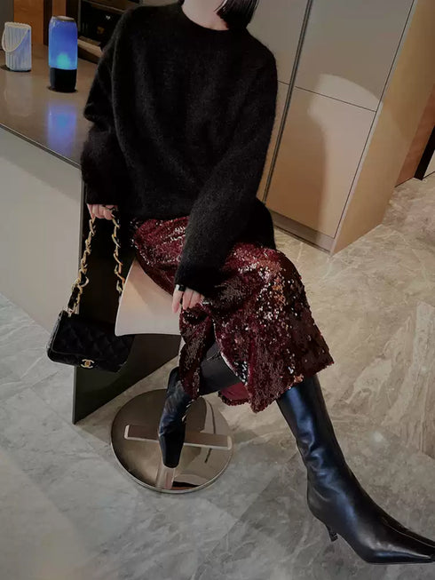Christmas Party High-Waisted Sequin Pencil Skirt – Slim-Fit Midi Skirt with Side Slit