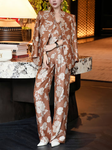 Haute Couture Jacquard Three-Piece Set – Designer Autumn Blazer, Vest & Trousers