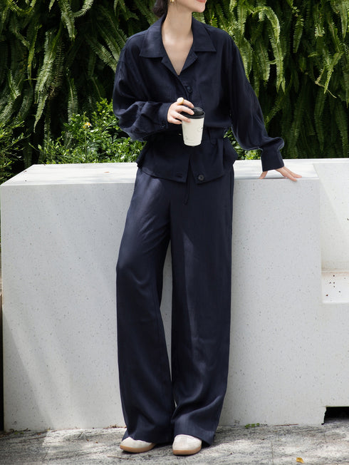 Autumn Fashion Set for Women – Linen Tie-Front Blouse & Wide-Leg Pants Three-Piece Suit