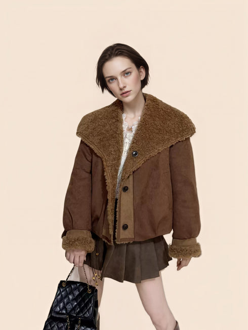 Reversible Suede-Finish Coat for Women – Faux Shearling Lined Winter Short Jacket with Lapel Collar