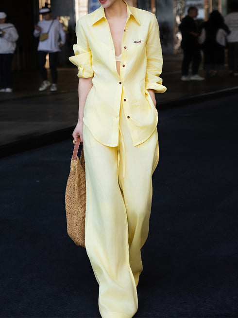 Simple Relaxed Linen Shirt & Pants Set – Early Fall Embroidered Sun Protection Two-Piece Outfit