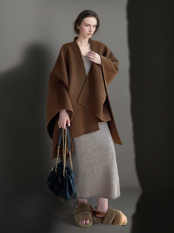 Women’s 80% Wool 20% Tencel Shawl Cape | Elegant Old Money Style Wrap in Classic Tan Brown
