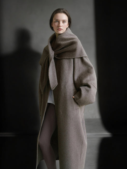 Tailored Wool, Camel & Yak Hair Coat with Complimentary Triangle Scarf – Old Money Style Double-Faced Wool Overcoat for Women Fall/Winter