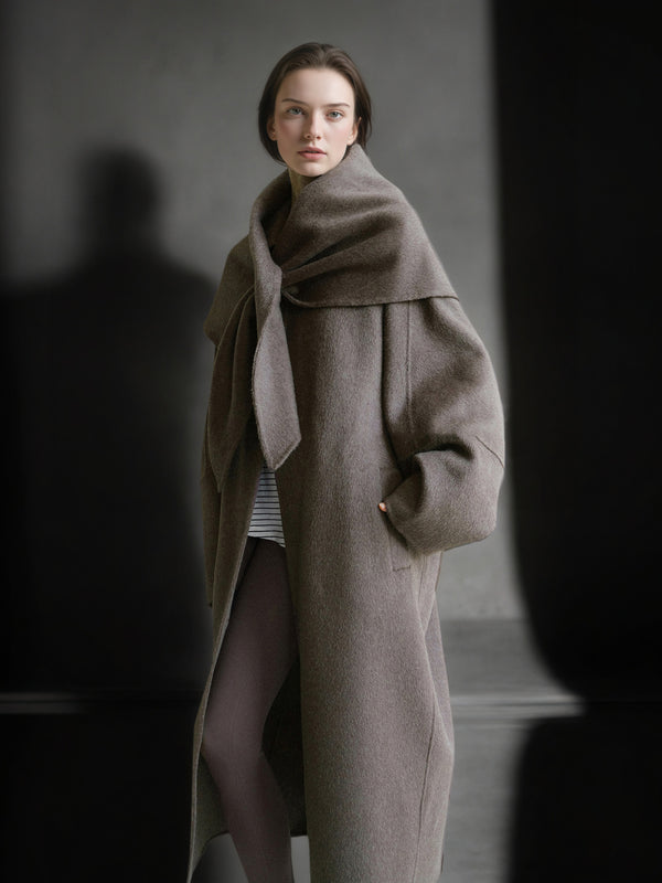 Tailored Wool, Camel & Yak Hair Coat with Complimentary Triangle Scarf – Old Money Style Double-Faced Wool Overcoat for Women Fall/Winter