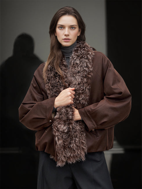 Women’s Short Down Parka with Shearling and Fur Collar | 90% White Goose Down Winter Coat