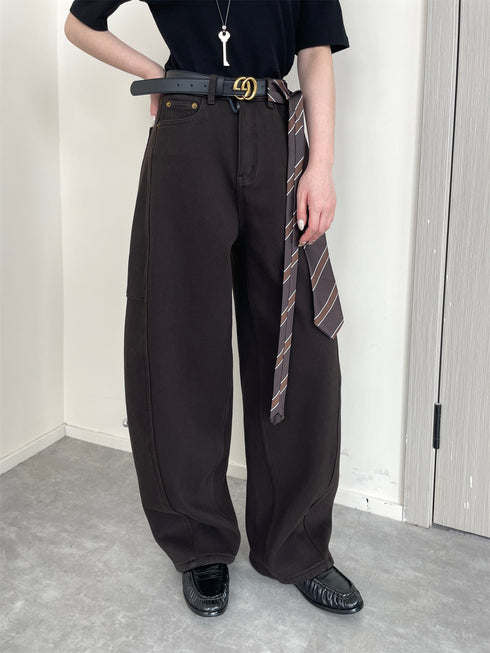 Women’s Fleece-Lined High-Waist Jeans | Unique Deconstructed Wide-Leg Denim Pants with Belt for Winter