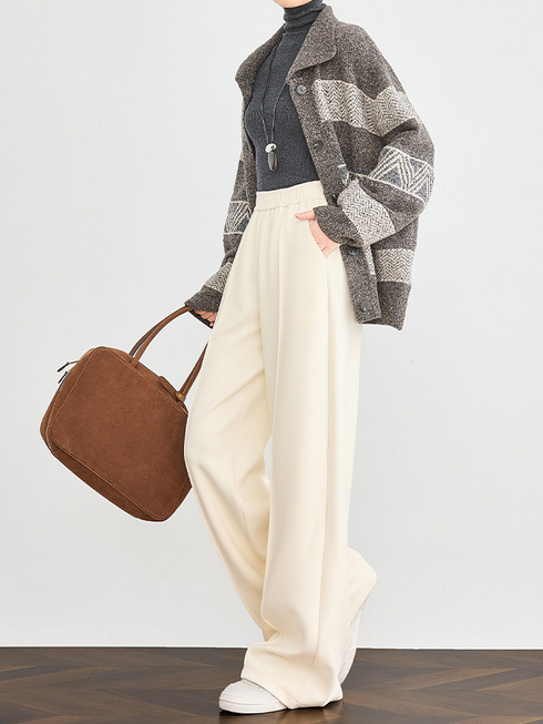 Women's High-Waist White Acetate-Wool Casual Pants – Extended Draped Floor-Length Loose Straight Trousers for Winter