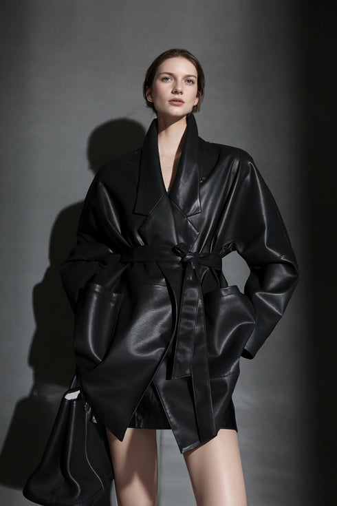Women’s Short Leather Trench Coat – Tailored Waist Blazer Collar Lambskin Jacket for Fall