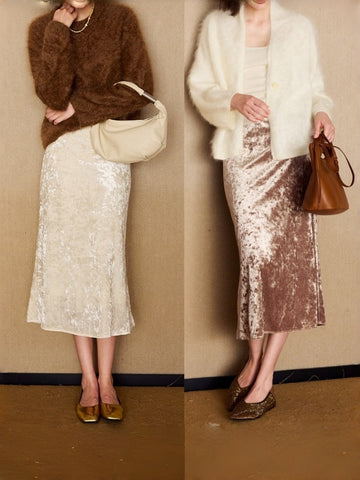Glimmering Waves Vintage Gold-Flecked Fish Tail Skirt | Stretch Velvet Midi Skirt