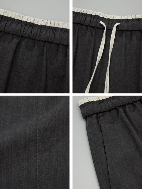 Women's Striped Balloon Pants – Italian Machine-Washable Wool & Linen Blend Elastic Waist Curved Hem Trousers