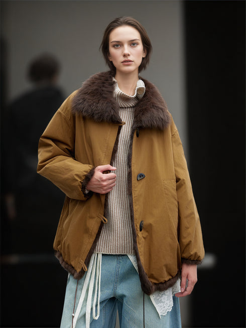 Women’s Mid-Length Parka Coat with Fox Fur Hood and Faux Rabbit Fur Lining | Winter Jacket