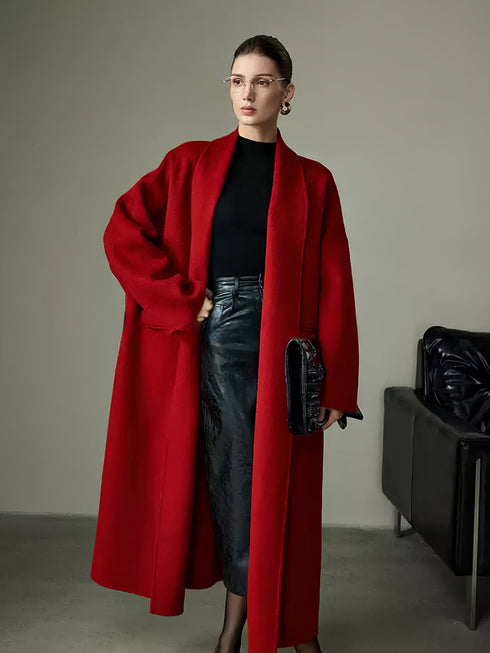 High-End Hepburn-Style Red Wool Coat for Women | Elegant Vintage Double-Faced Wool Overcoat for Christmas