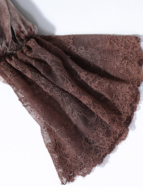 Soft Glow Silk Velvet Top – Eyelash Lace Trim, Tie-Neck Detail, Loose Fit Bell Sleeves