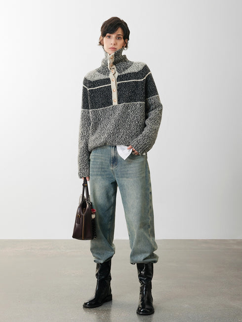 Pure Cashmere French-Style Collar Sweater – Premium Gray Contrast-Color Knit Top