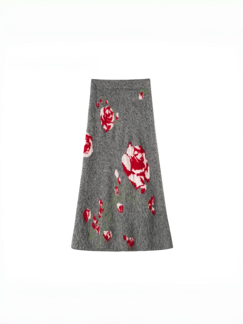 Luxury Alpaca Rose Jacquard Cardigan & Mermaid Skirt – Relaxed Fit (Sold Separately)