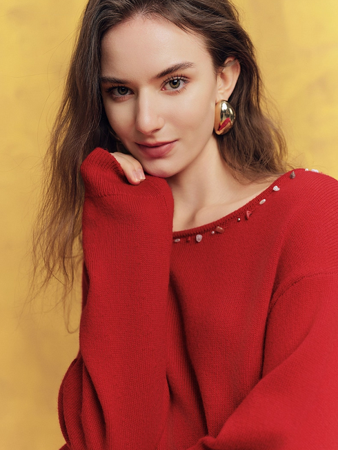 Wool Beaded Christmas Sweater for Women – New Cozy Relaxed-Fit Knit Top
