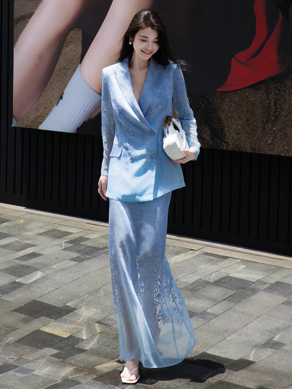High-End Vintage Jacquard Two-Piece Set – Blue Blazer & Straight Mesh Skirt for Women