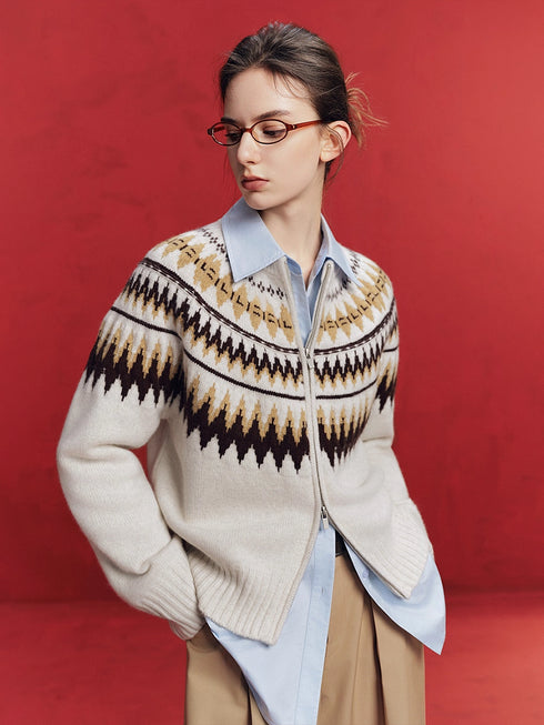100% Wool Fair Isle Zip-Up Sweater for Women – Winter Knitted Cardigan