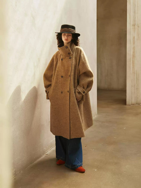 Vintage Double-Breasted Wool Cashmere Blend Coat for Women – Winter New Loose Silhouette, Mid-Length Double-Faced Wool Overcoat