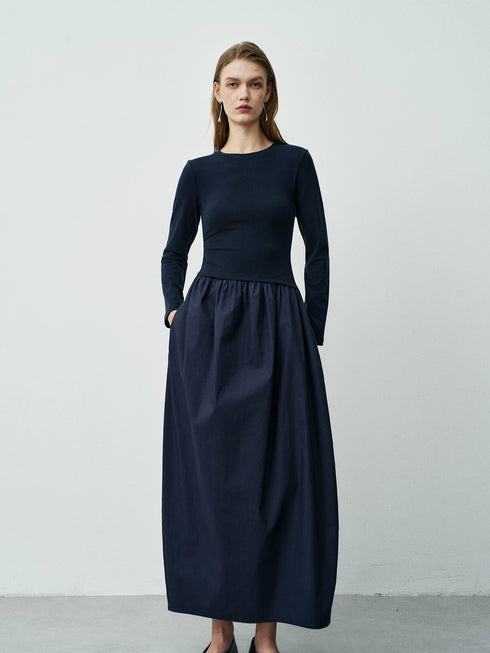 Women's Minimalist Smart-Style Long-Sleeve T-Shirt Dress with Cotton-Feel Panels – Elegant Maxi Bubble Skirt