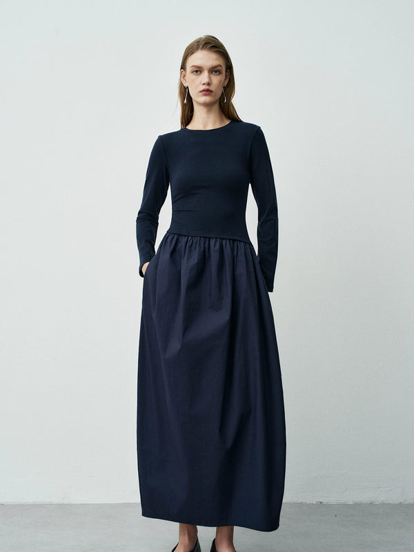 Women's Minimalist Smart-Style Long-Sleeve T-Shirt Dress with Cotton-Feel Panels – Elegant Maxi Bubble Skirt