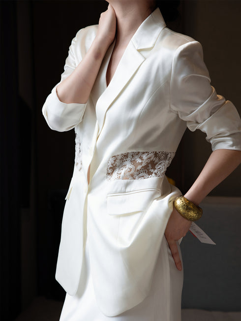 Haute Couture Women’s Suit Set – Autumn Heavyweight Acetate Lace Trim Blazer & Skirt Two-Piece