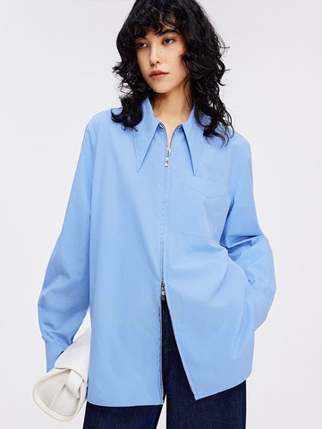 Double Zipper Sharp-Collar Shirt | High-Density Slim Fit Paper-Feel Commuter Blouse for Women