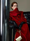 Cape-Style Christmas Red Double-Faced Wool Coat for Women – Elegant Long Scarf-Collar Woolen Overcoat