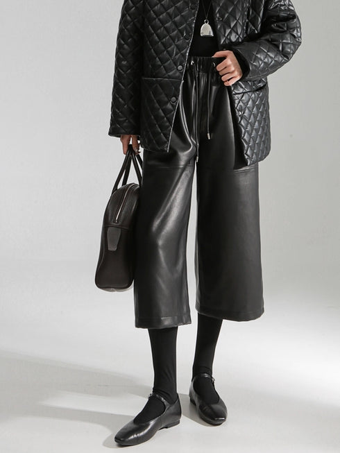 Women’s Genuine Sheepskin Culottes | Cropped Wide-Leg Leather Pants with Elastic Waist, Casual Office Style