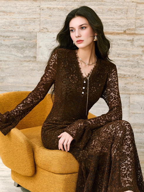 French-Inspired Intricate Lace Cutout Dress – V-Neck Eyelash Lace Panel Fitted Mermaid Dress for Women