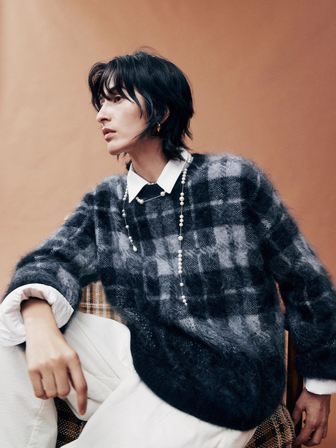 470g Thick Plaid Brushed Cashmere Sweater – Slimming, Wide-Fit Cozy Knit Top