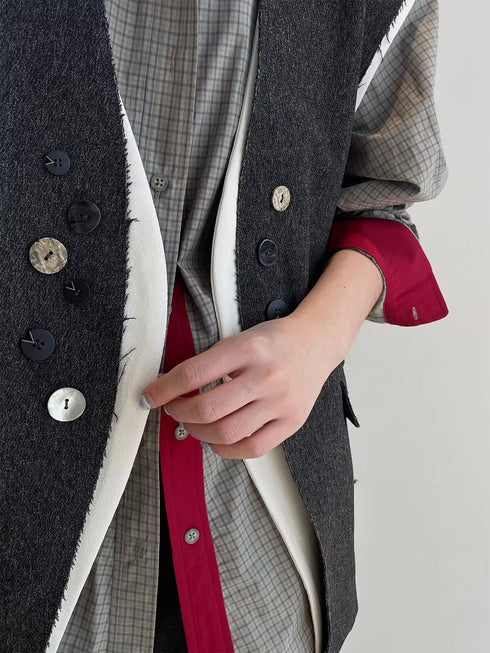 Two-Piece Style Blazer Vest for Women | Contrast Stitching Multi-Button Sleeveless Waistcoat
