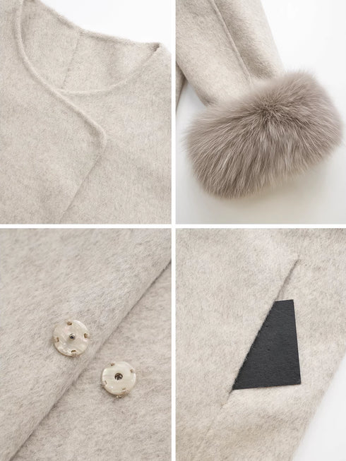 Women’s Short Double-Faced Wool Coat with Fox Fur Cuffs | Loose Fit Alpaca Blend Jacket