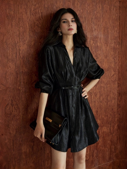 Lustrous Jacquard Satin Shirt Dress for Women – Belted Waist A-Line Mini Dress with Refined Sheen