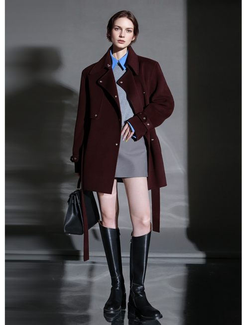 French Minimalist Chic Wool Coat for Women – Double-Faced Cashmere Overcoat with Lapel and Metal Buttons, Fall Winter Elegant Outerwear