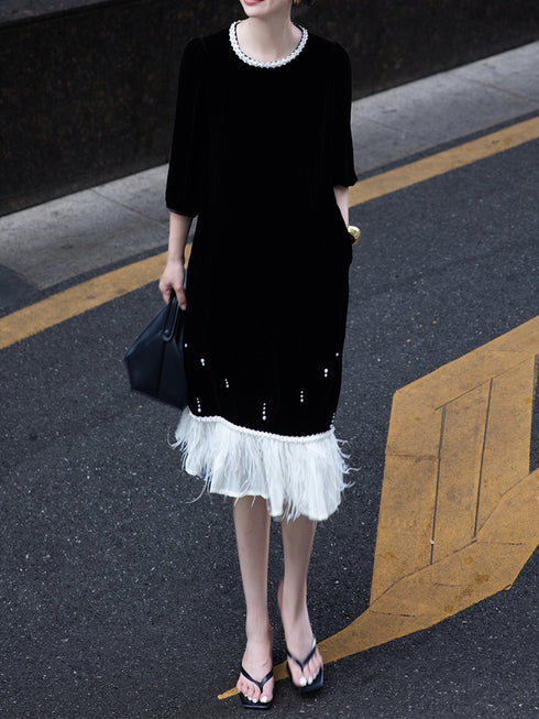 Silk Velvet & Ostrich Feather Hand-Embroidered Custom Dress