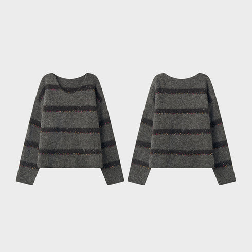 Soft Wool V-Neck Striped Sweater with Colorful Pom Details and Subtle Sequins | Relaxed Winter Knitwear