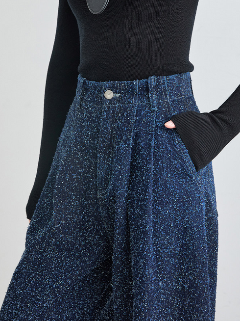 Women's Dark Blue High-Waist Wide-Leg Jeans – Extended Length Frayed Hem Floor-Length Denim Pants for Tall