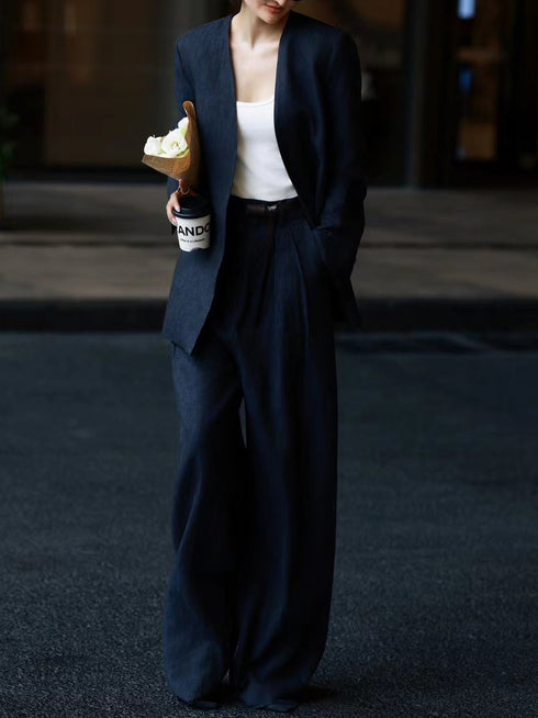 High-End Old Money Style Linen Suit – Relaxed Two-Piece Set with Wide-Leg Pants