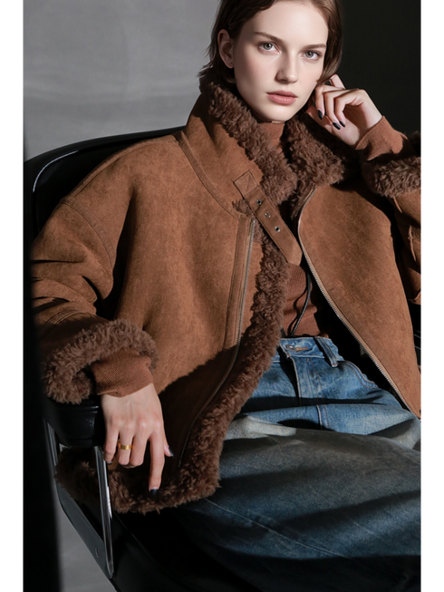 Vintage Suede Faux Shearling Jacket for Women – Short Stand Collar Plush Coat with Strap Detail, Thick Warm Winter Outerwear