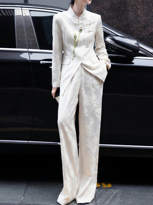 High-End Jacquard Suit Set – 3D Embroidered Blazer & Wide-Leg Pants