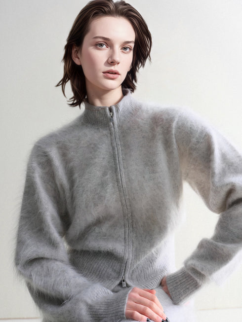Luxury Brushed 100% Cashmere Stand-Collar Zip-Up Cardigan | Soft Fleece-Like Knit Sweater for Women