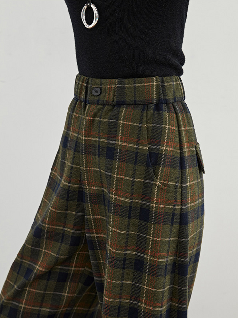 Women's Vintage Plaid Wide-Leg Pants – High-Waist Relaxed Fit Extended Casual Trousers with Elastic Waist