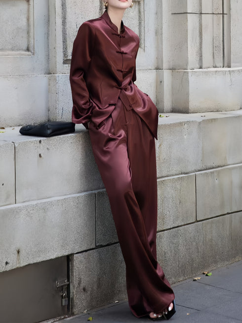 Elegant Acetate Blazer & Wide-Leg Pants Set – Autumn Two-Piece