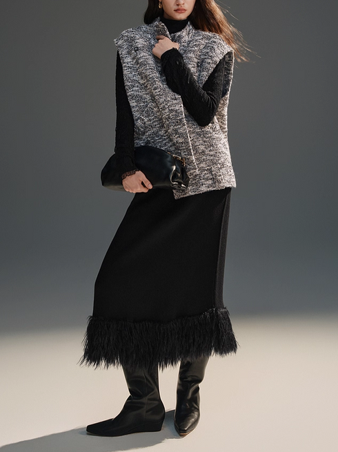 Double-Layer Thick Wool Cross-Stitch Tassel Sequin Embellished Knit Midi Skirt