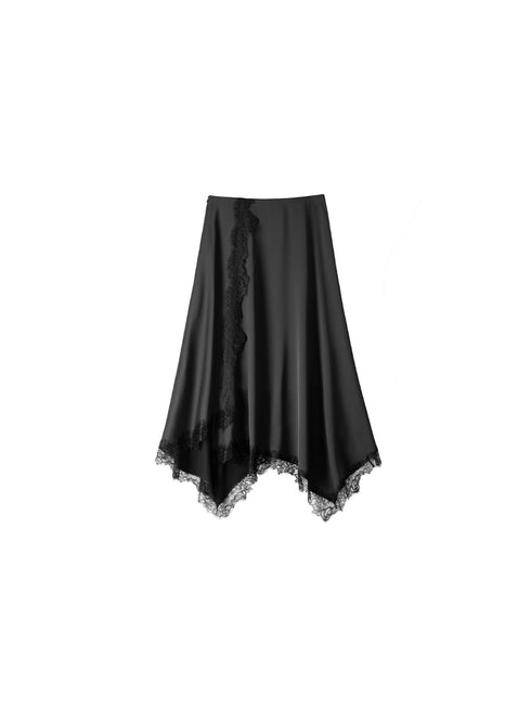 Smooth Satin Weave French Lace Trim Asymmetric Cut Cami Top / Skirt Set